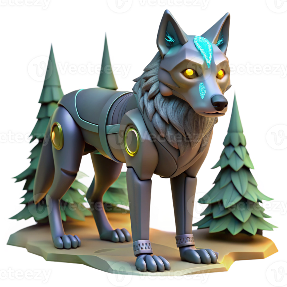 Cybernetic Wolf in Forest in a Futuristic Three Dimensional Scene of Wilderness png