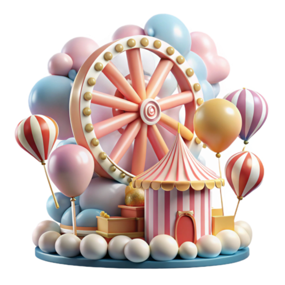 Whimsical 3D Render of a Ferris Wheel and Circus Tent with Balloons png