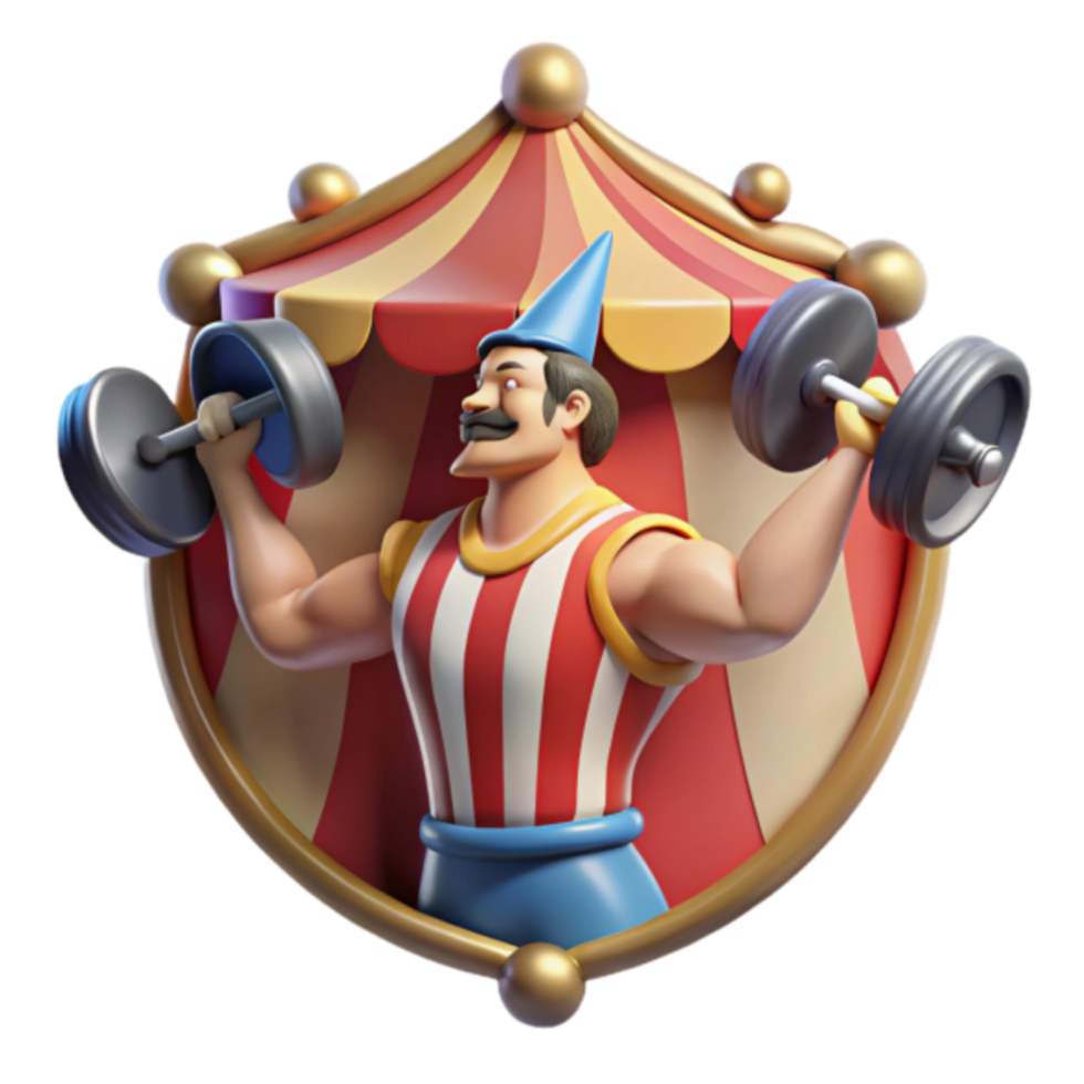 Strongman Circus 3D Illustration Cartoon Strongman Lifting Weights in Circus Tent Badge png