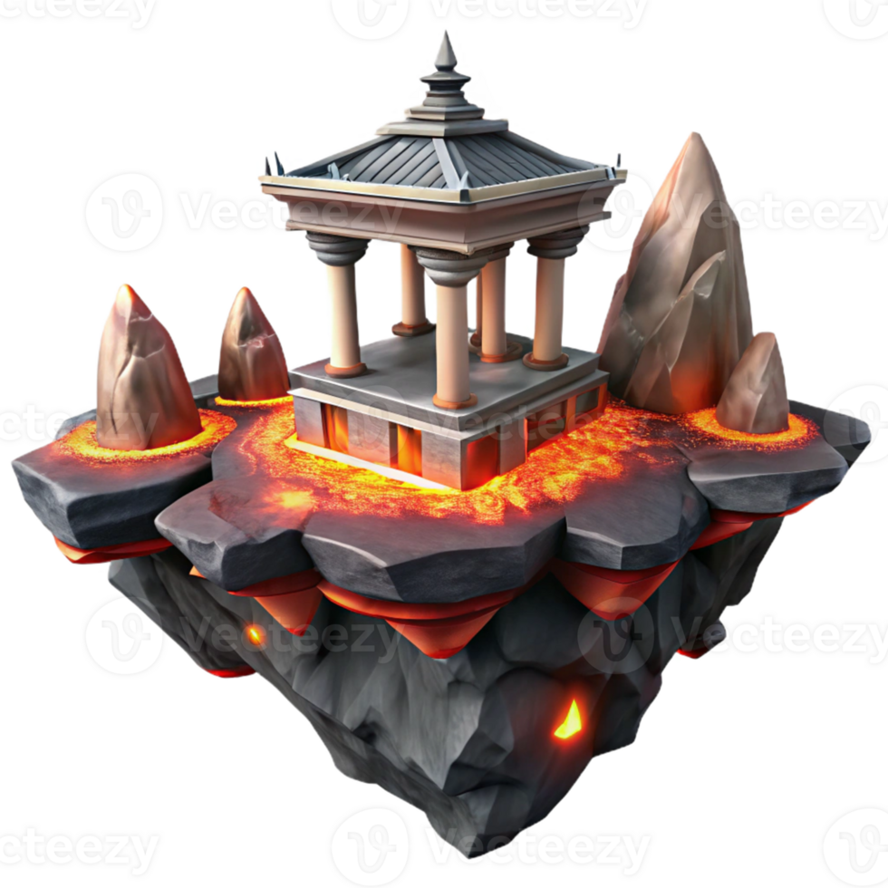 Lava Island Temple A dramatic 3D render of a temple on a lava island, capturing its intense and fiery atmosphere. png