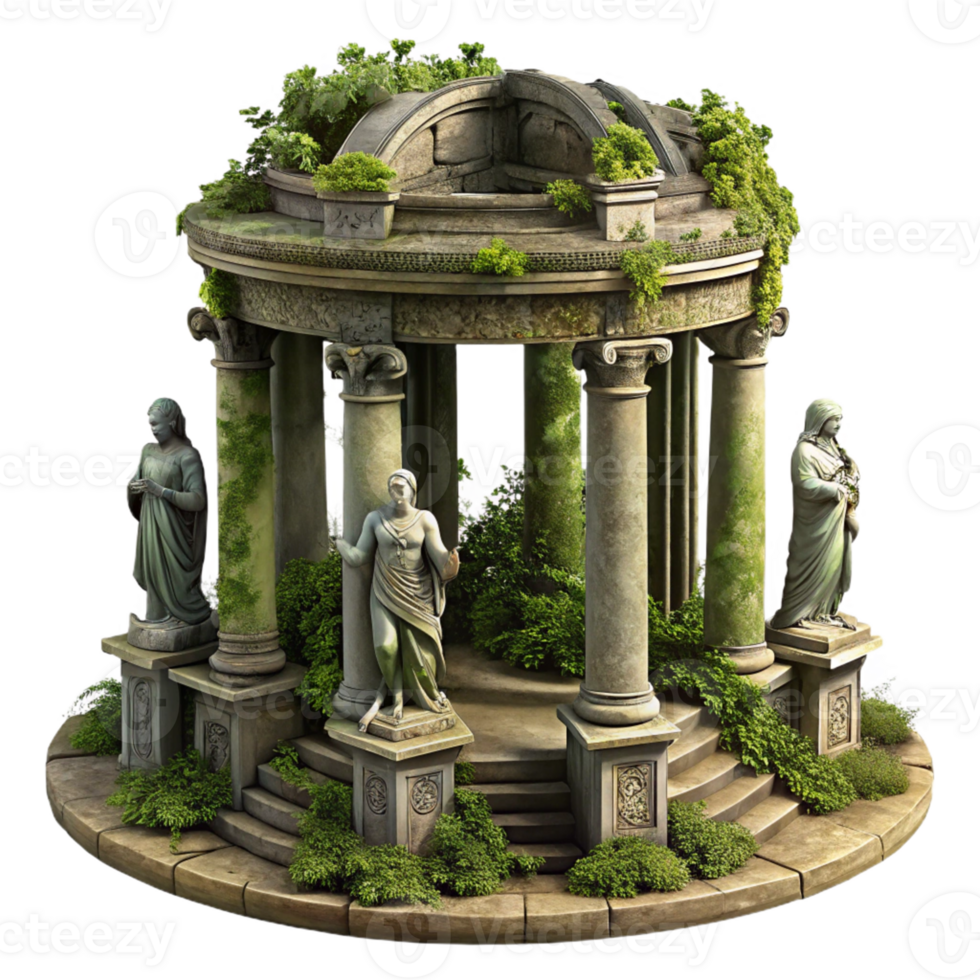Ancient Stone Gazebo with Statues in a Majestic Three Dimensional Scene of Historical Design png