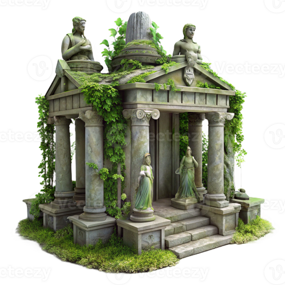 Ancient Stone Temple with Statues in a Majestic Three Dimensional Scene of Historical Design png