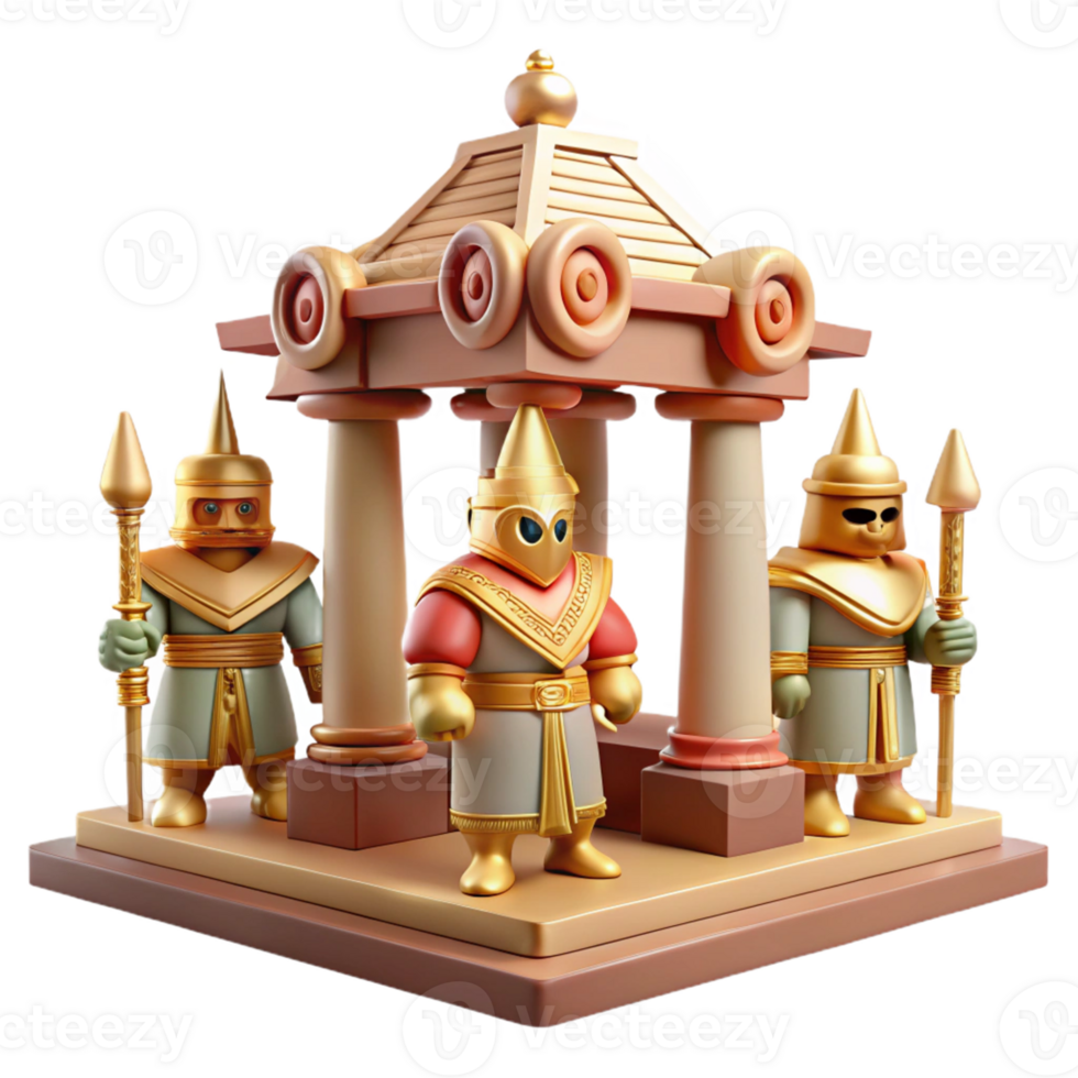 Temple Guardians 3D Render A dynamic depiction of guardians navigating a temple, captured in a stunning three-dimensional render. png