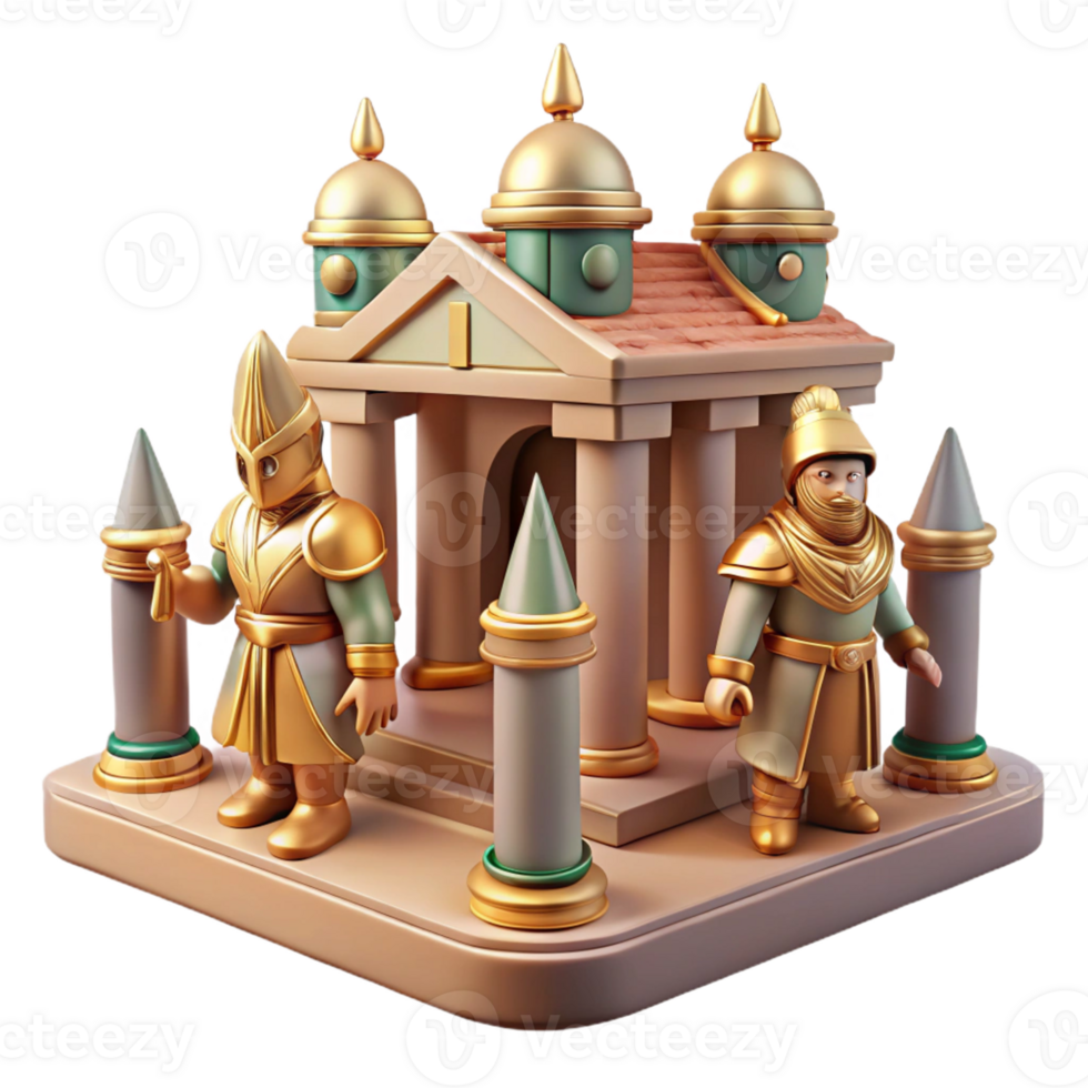 Golden Temple with Guards A dynamic depiction of a temple navigating a world of guards, capturing the essence of protection in a digital world. png