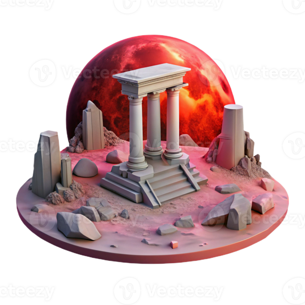 Alien Temple Ruins on Red Planet A captivating 3D render of alien temple ruins on a red planet, merging extraterrestrial elements with ancient architecture. png
