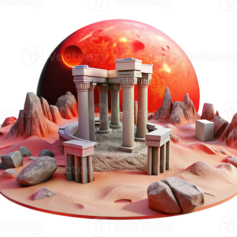 Alien Temple on Red Planet A dynamic depiction of a temple navigating a world of red planets, capturing the essence of mystery in a digital world. png