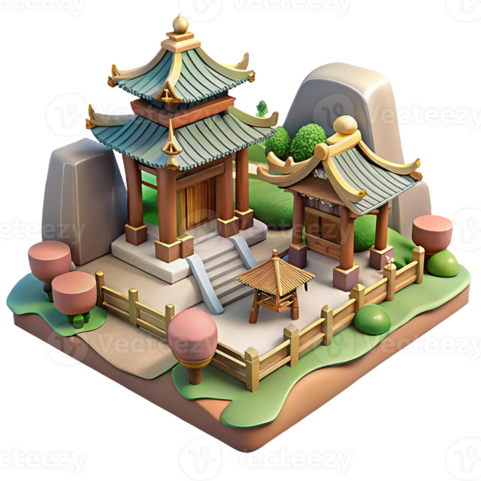 Asian Temple 3D Model A serene depiction of a temple navigating the digital landscape, captured in a stunning three-dimensional model. png