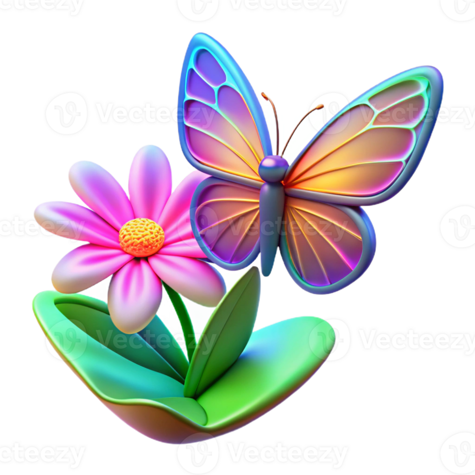 Rainbow Butterfly and Flower in a Vibrant Three Dimensional Scene of Nature png