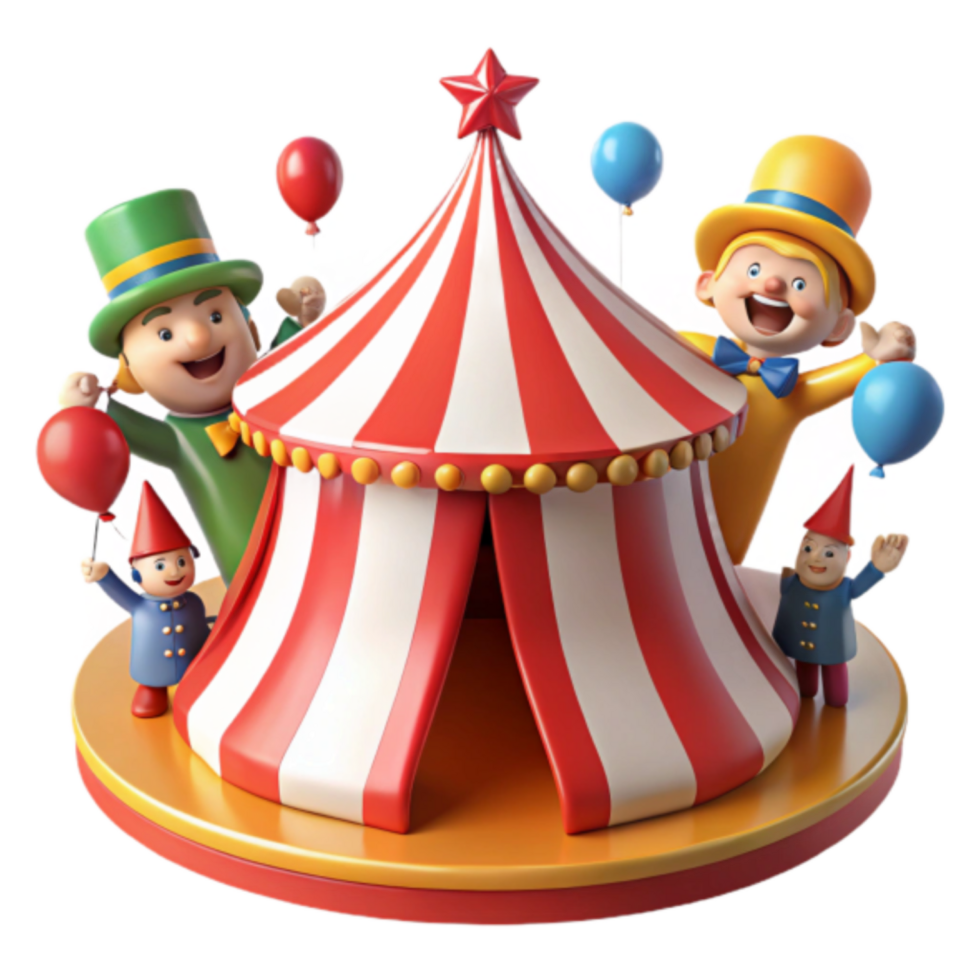 Funfair Circus Tent 3D Render Illustration with Cartoon Characters and Balloons png
