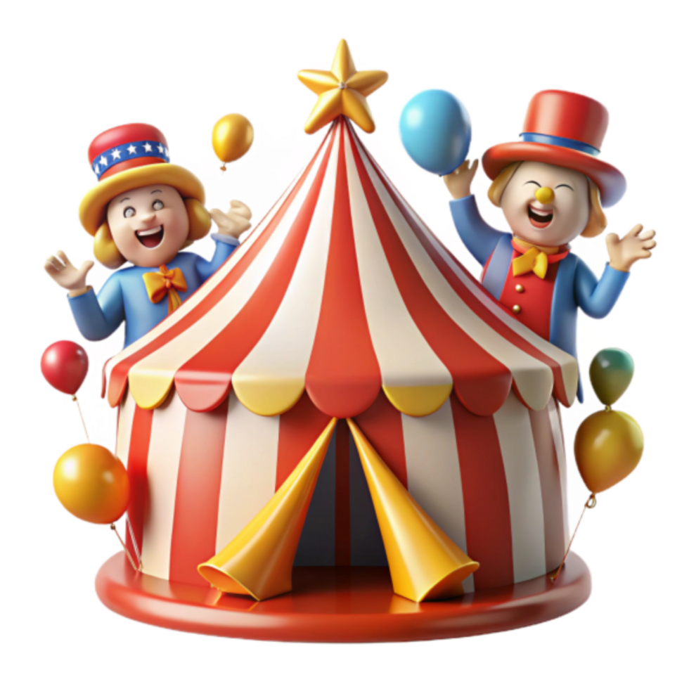 Cheerful 3D Circus Tent Illustration with Two Clowns Juggling Balloons png
