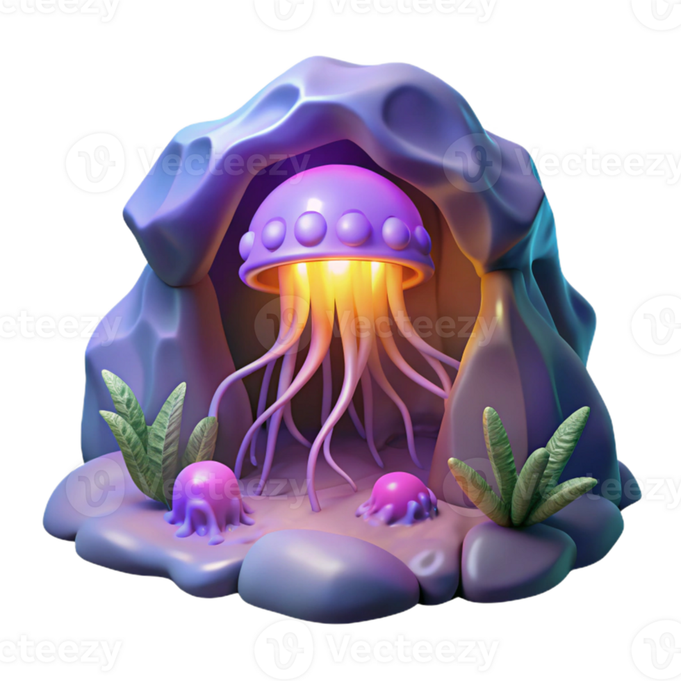 Glowing Jellyfish in Cave - A luminous depiction of jellyfish glowing in a dark cave creating an ethereal and otherworldly atmosphere png