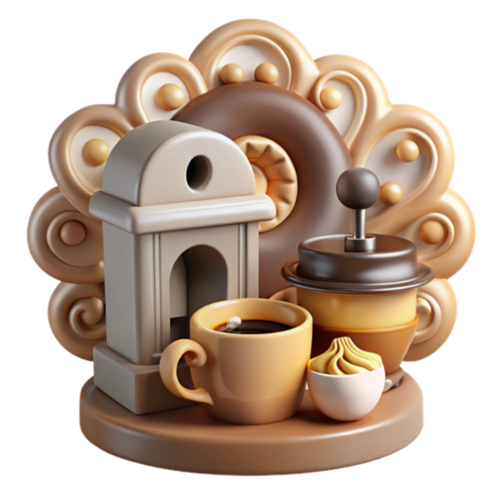 3D Illustration Coffee Shop Scene with Coffee Cup, Grinder, and Donut png