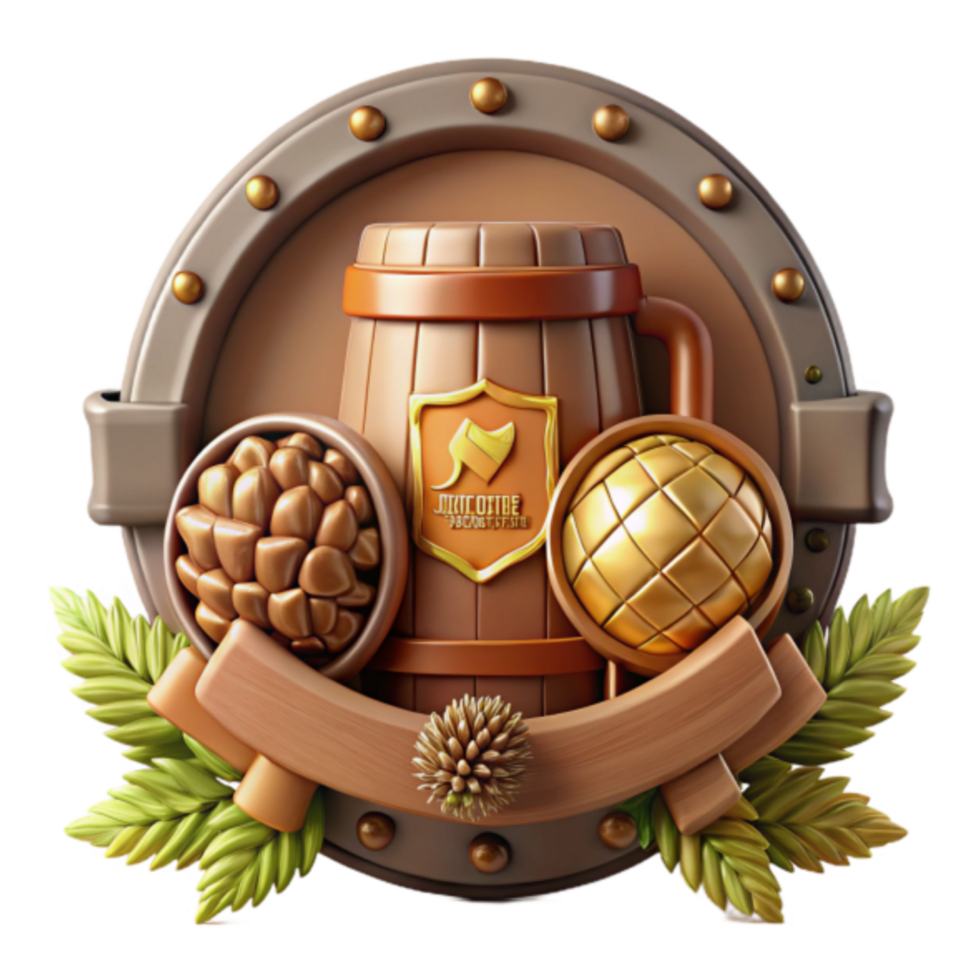 3D Illustration of a Wooden Beer Barrel Emblem with Hops and Barley png