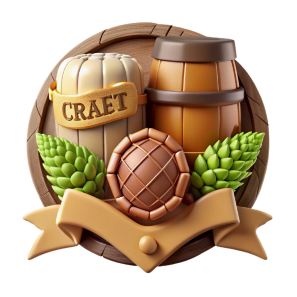 Craft Beer 3D Illustration Wooden Barrel Hops Badge png