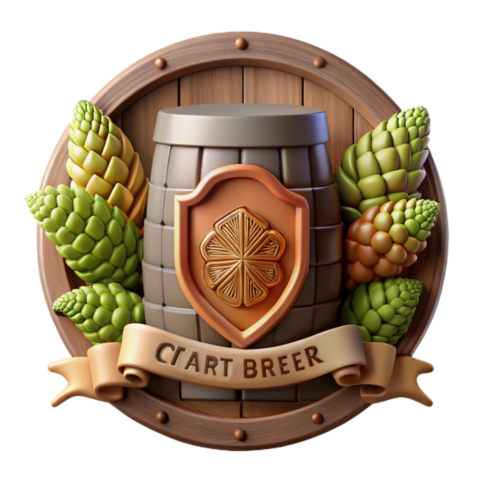 3D Illustration of a Wooden Barrel with Hops and Shield Emblem png