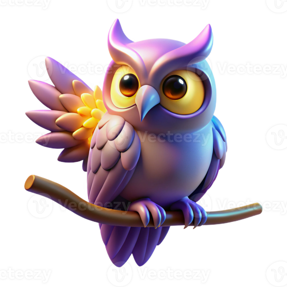 Cute Owl on Branch 3D Render - An adorable 3D render of an owl perched on a branch capturing its playful and endearing nature png