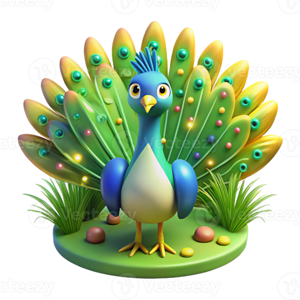 Cute Cartoon Peacock Illustration An adorable 3D depiction of a cartoon peacock, highlighting its playful and vibrant presence. png