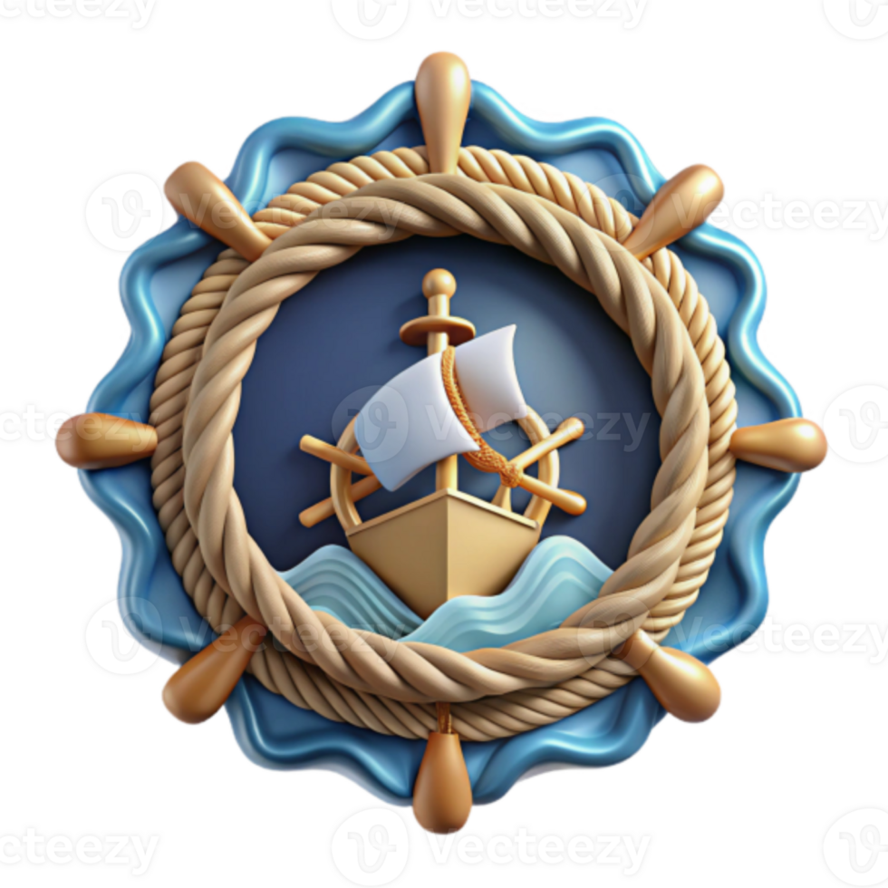 3D Render of Ship in Nautical Wheel Emblem Illustration png