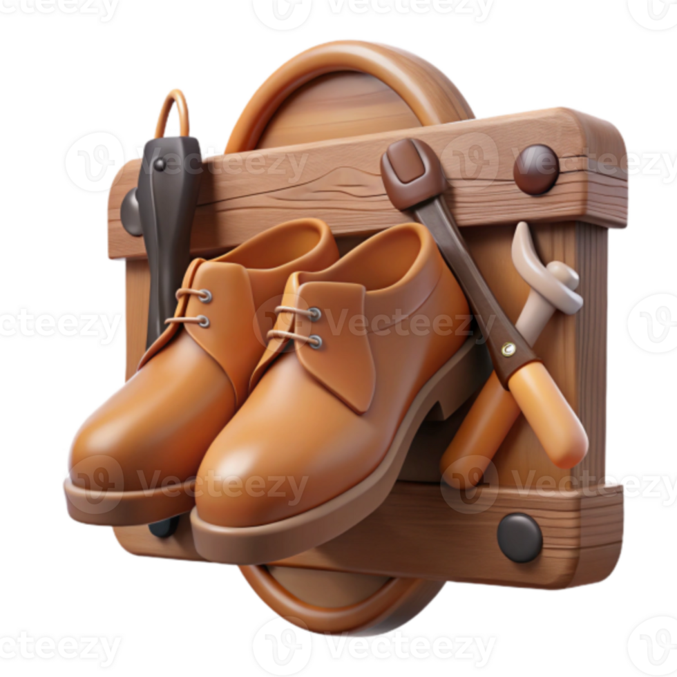 3D Render of Brown Leather Shoes and Cobbler Tools on Wooden Board png