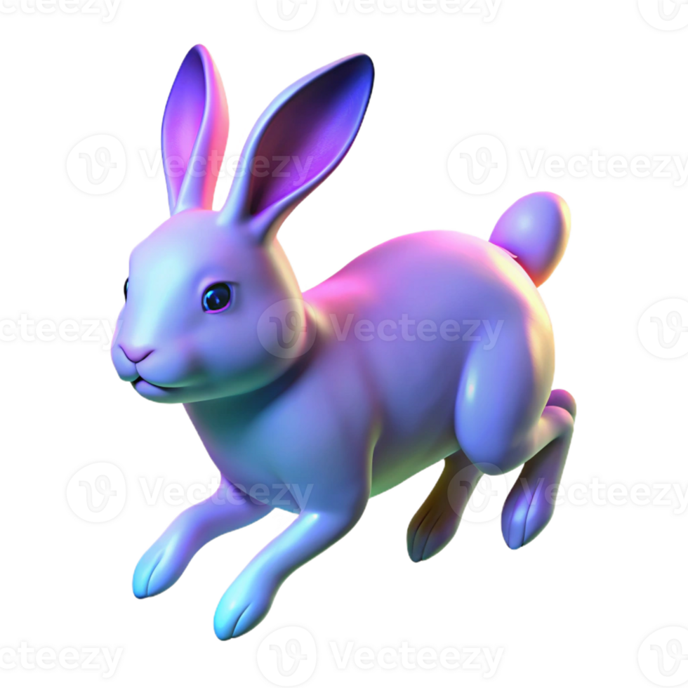 Vibrant Hopping Bunny 3D Render A radiant bunny navigating the digital forest, its fur glowing with vibrant colors in a stunning render. png