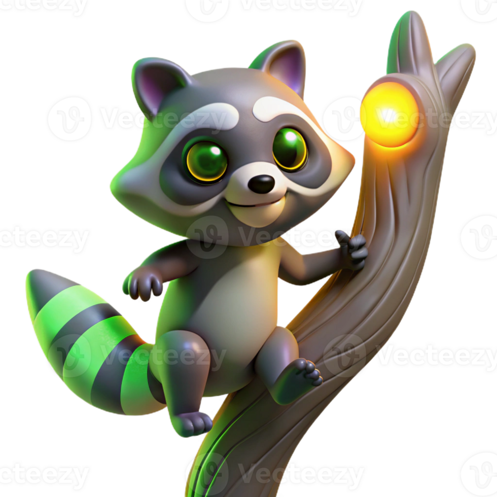 Cute Raccoon on Branch An adorable raccoon perched on a branch, capturing the charm of nature in a digital form. png