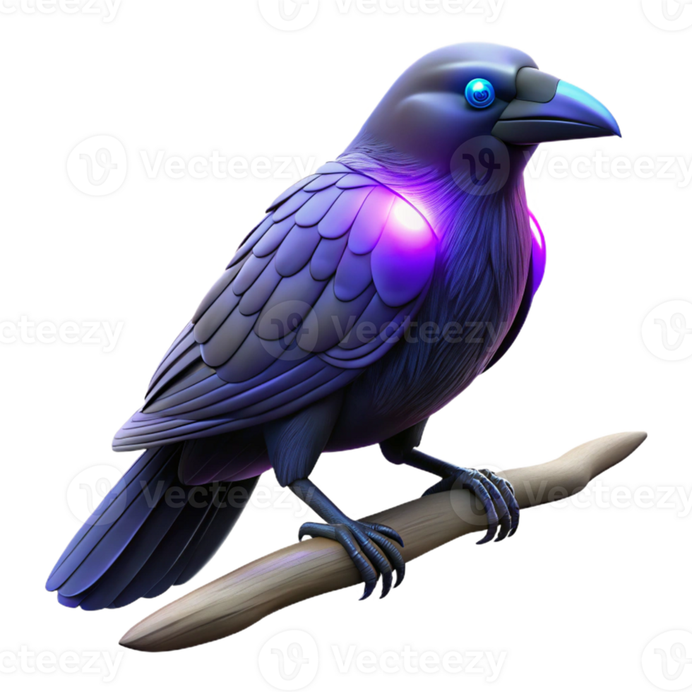 Cybernetic Raven on a Branch in a Futuristic Three Dimensional Scene of Design png