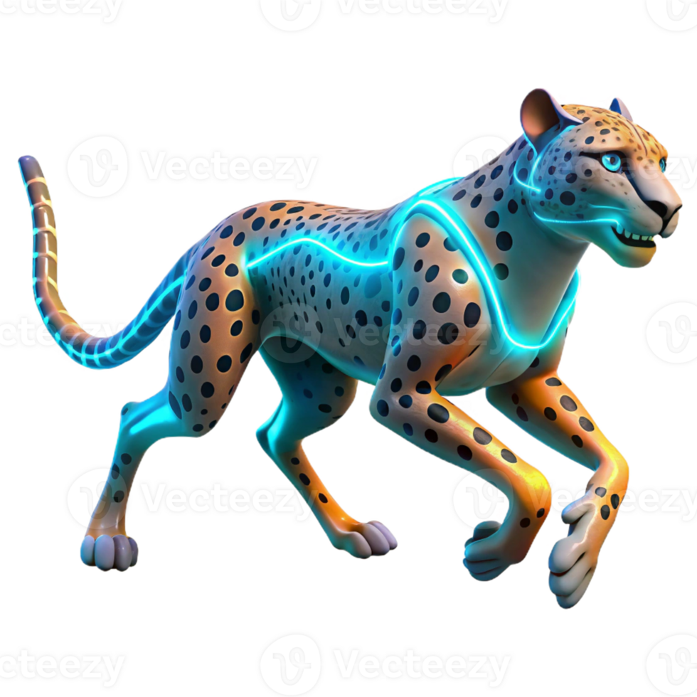 Neon Cheetah Glowing Big Cat A vibrant 3D depiction of a cheetah with neon elements, highlighting its dynamic and glowing presence. png