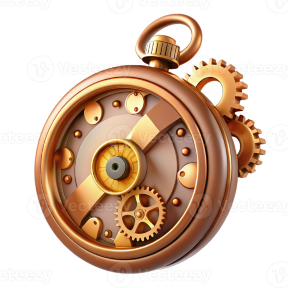 Steampunk Pocket Watch 3D Render Gold Gear Mechanism Illustration png