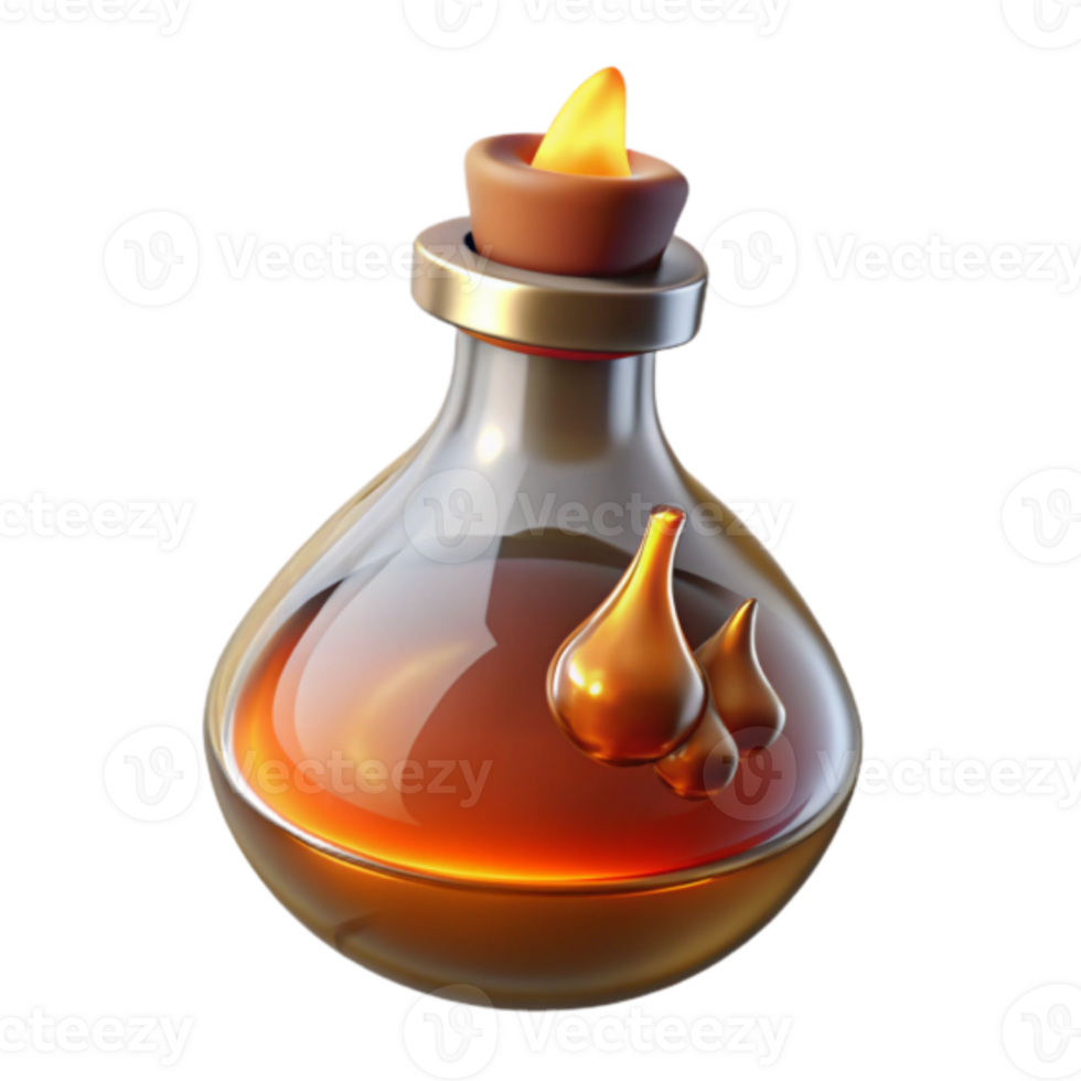 3D Render of a Glass Bottle with Glowing Amber Liquid, Game Asset, Fantasy Elixir, Magical Potion, Alchemy, 3D Illustration png