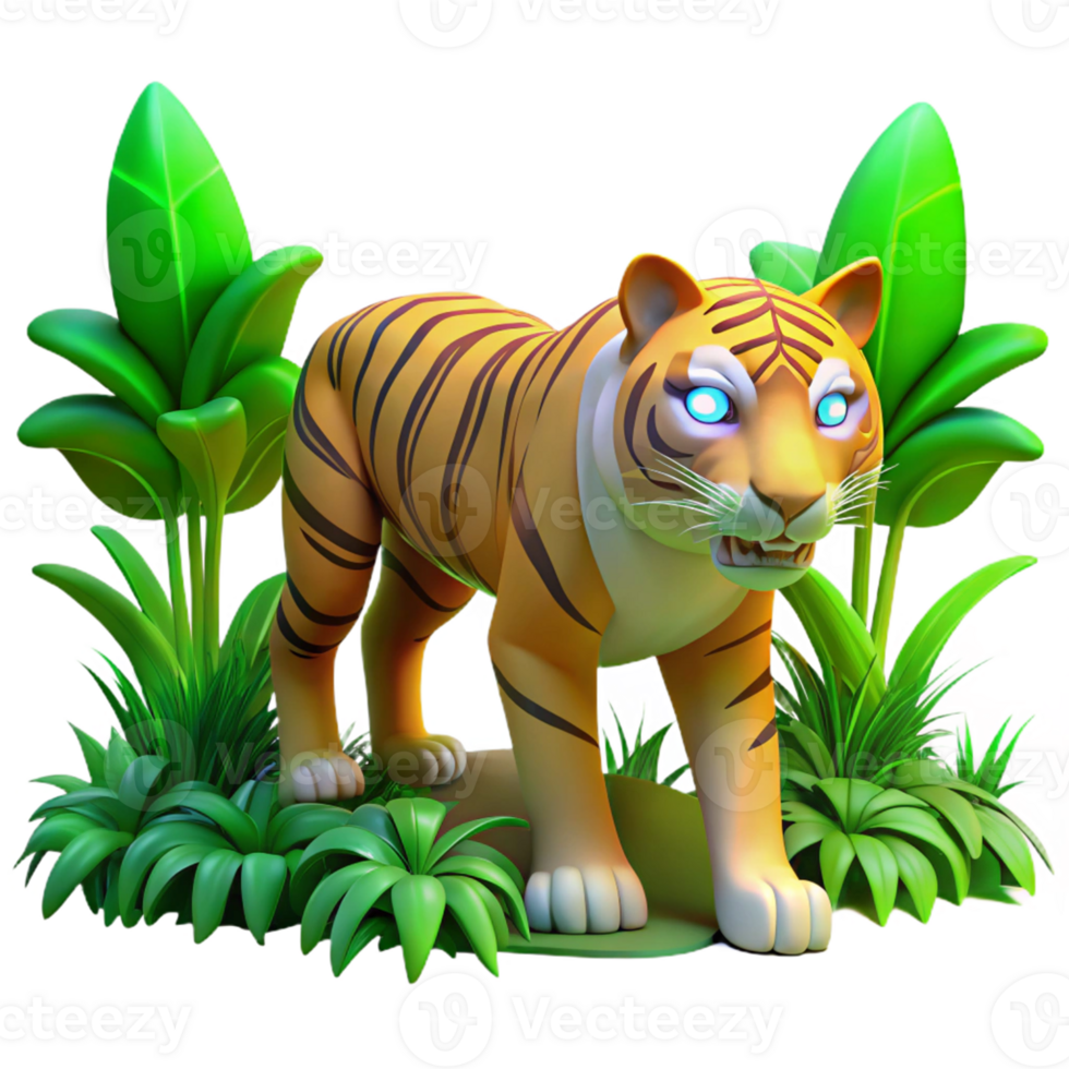 Cartoon Tiger in Jungle in a Whimsical Three Dimensional Scene of Wildlife png