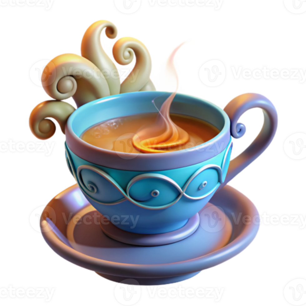 Whimsical 3D Render of a Teacup with Ornate Design and Steam png