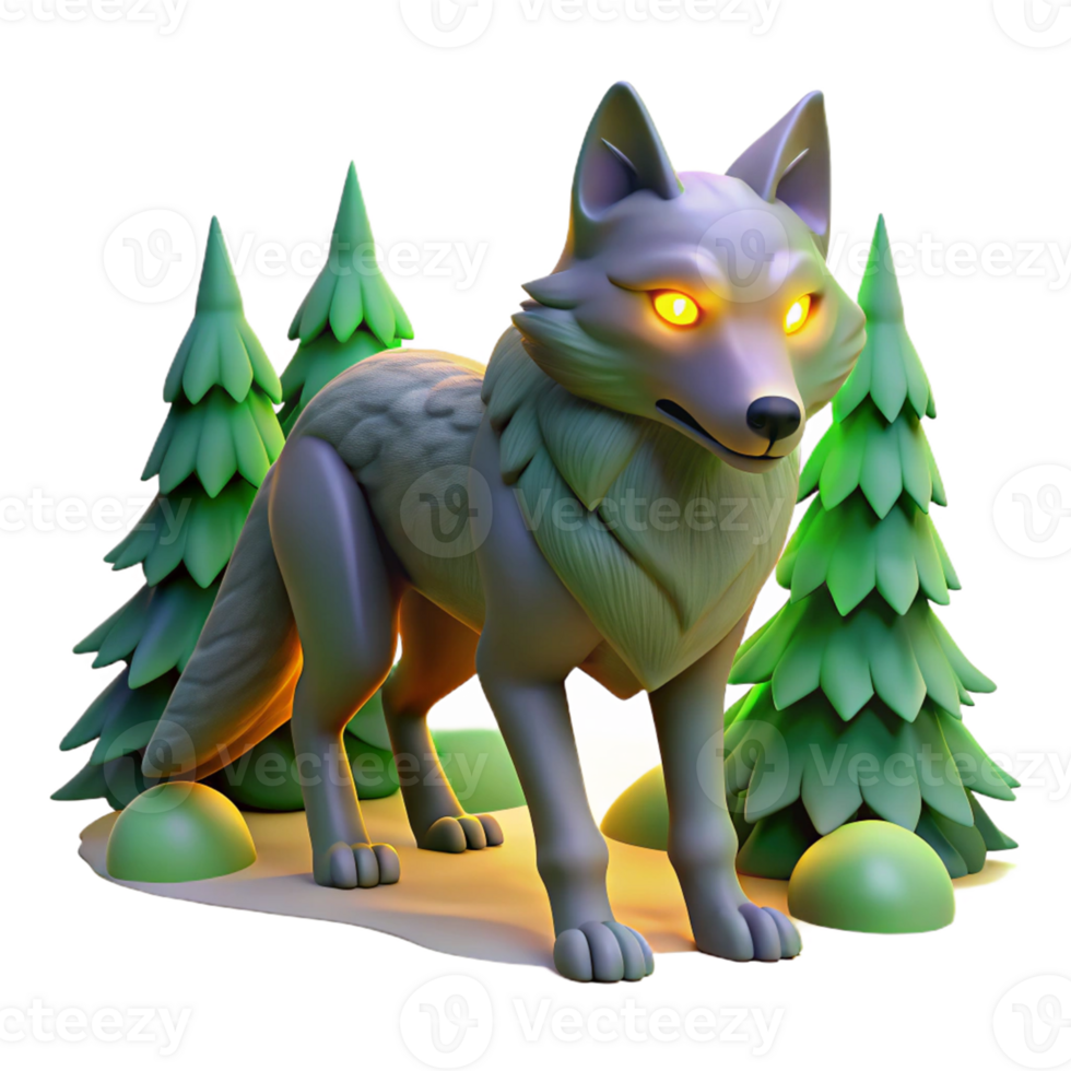 3D Cartoon Wolf in Forest A playful depiction of a wolf navigating a forest, brought to life in a whimsical three-dimensional render. png
