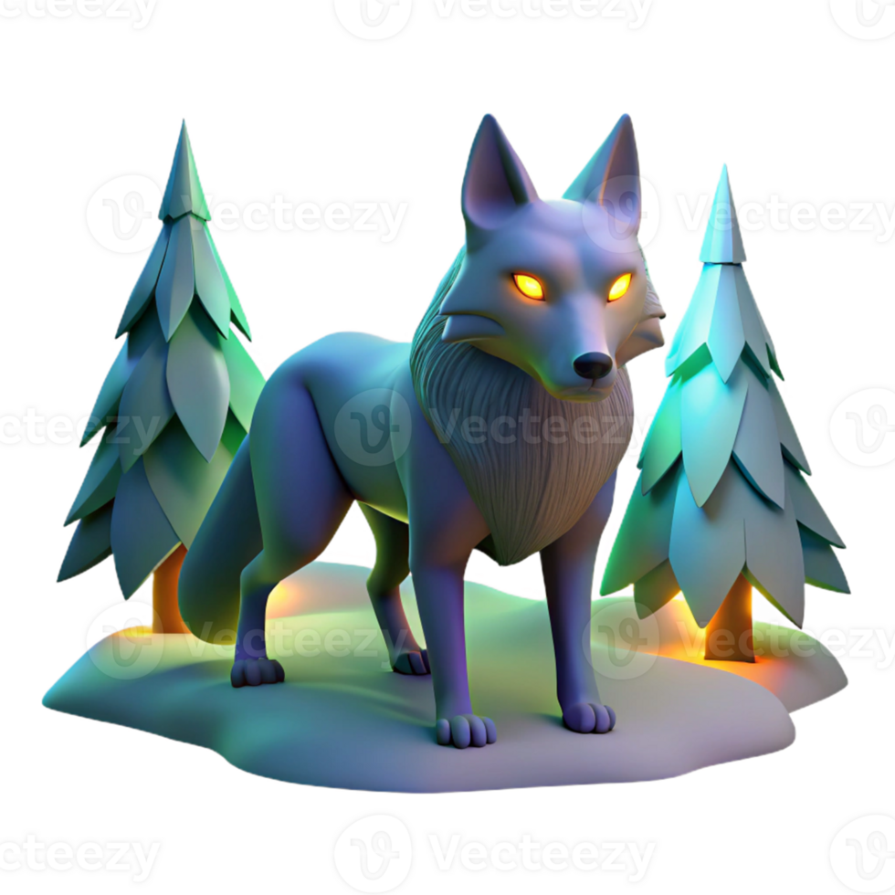 3D Wolf in Winter Forest A majestic wolf navigating a winter forest, captured in a stunning three-dimensional render. png