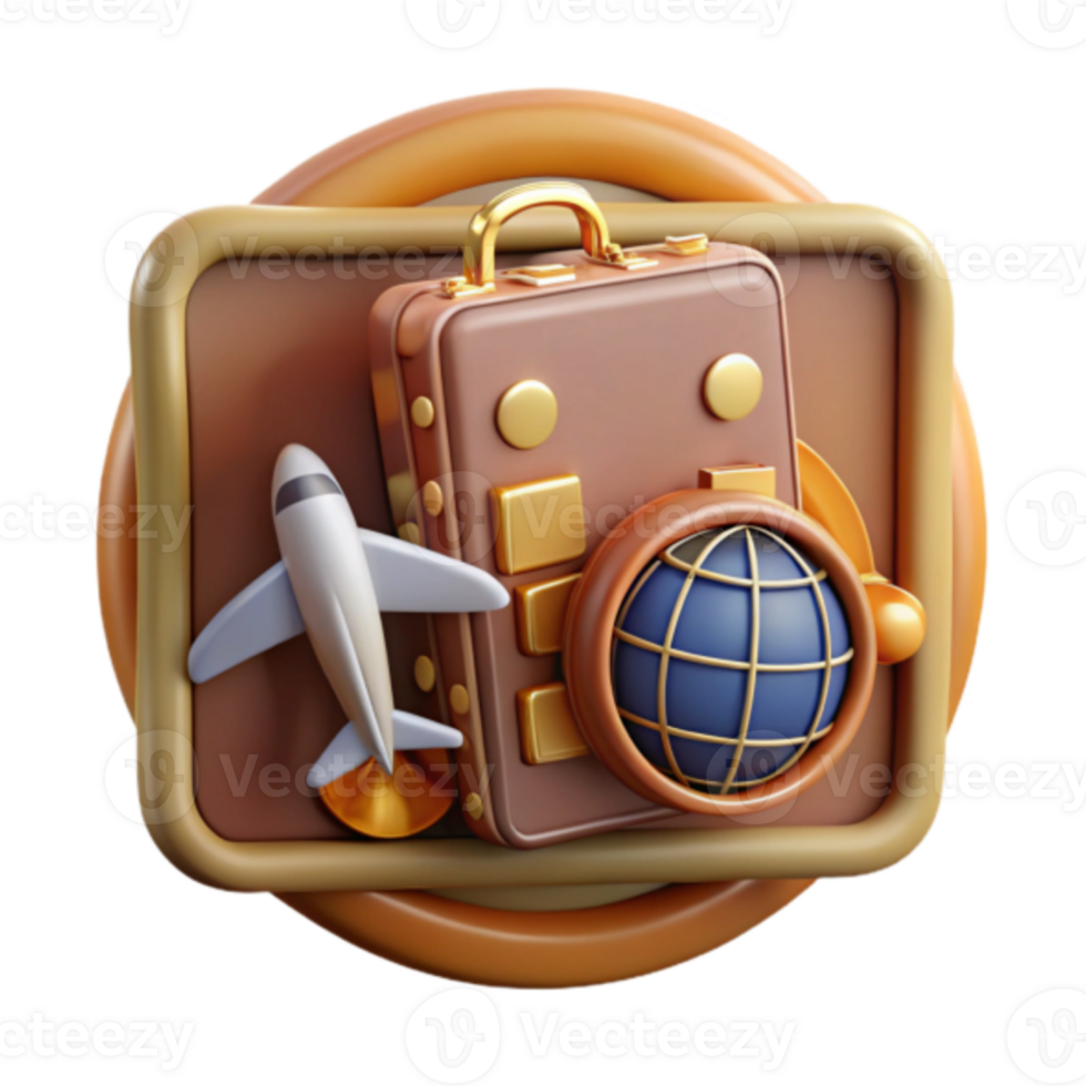 3D Render of Suitcase, Airplane, and Globe Icon for Travel App png