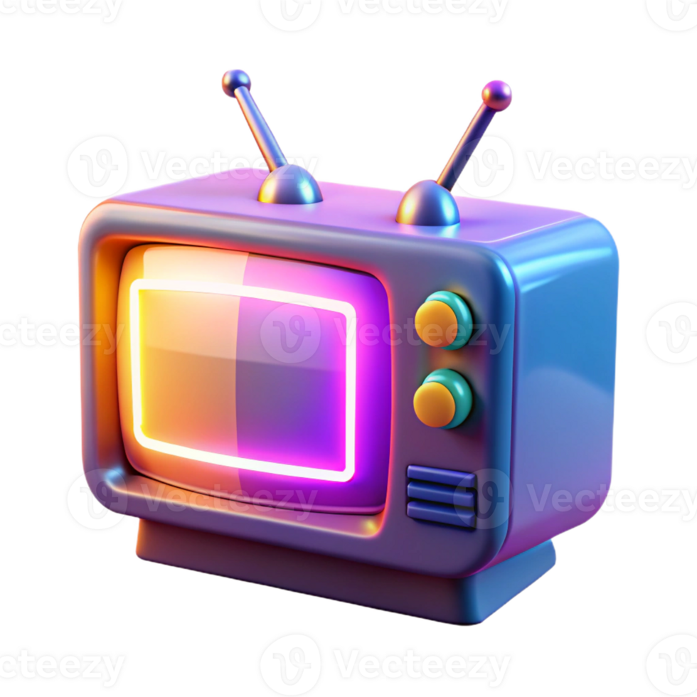Retro TV Neon Glow 3D Render A vibrant 3D depiction of a retro TV with a neon glow, blending nostalgic design with modern aesthetics. png