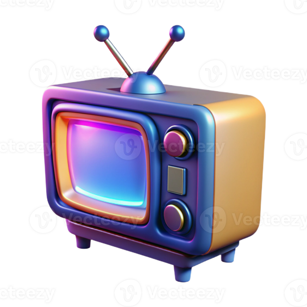 Retro TV Neon Glow 3D Render - A vibrant 3D render of a retro TV with neon glow highlighting its nostalgic design and modern aesthetic png