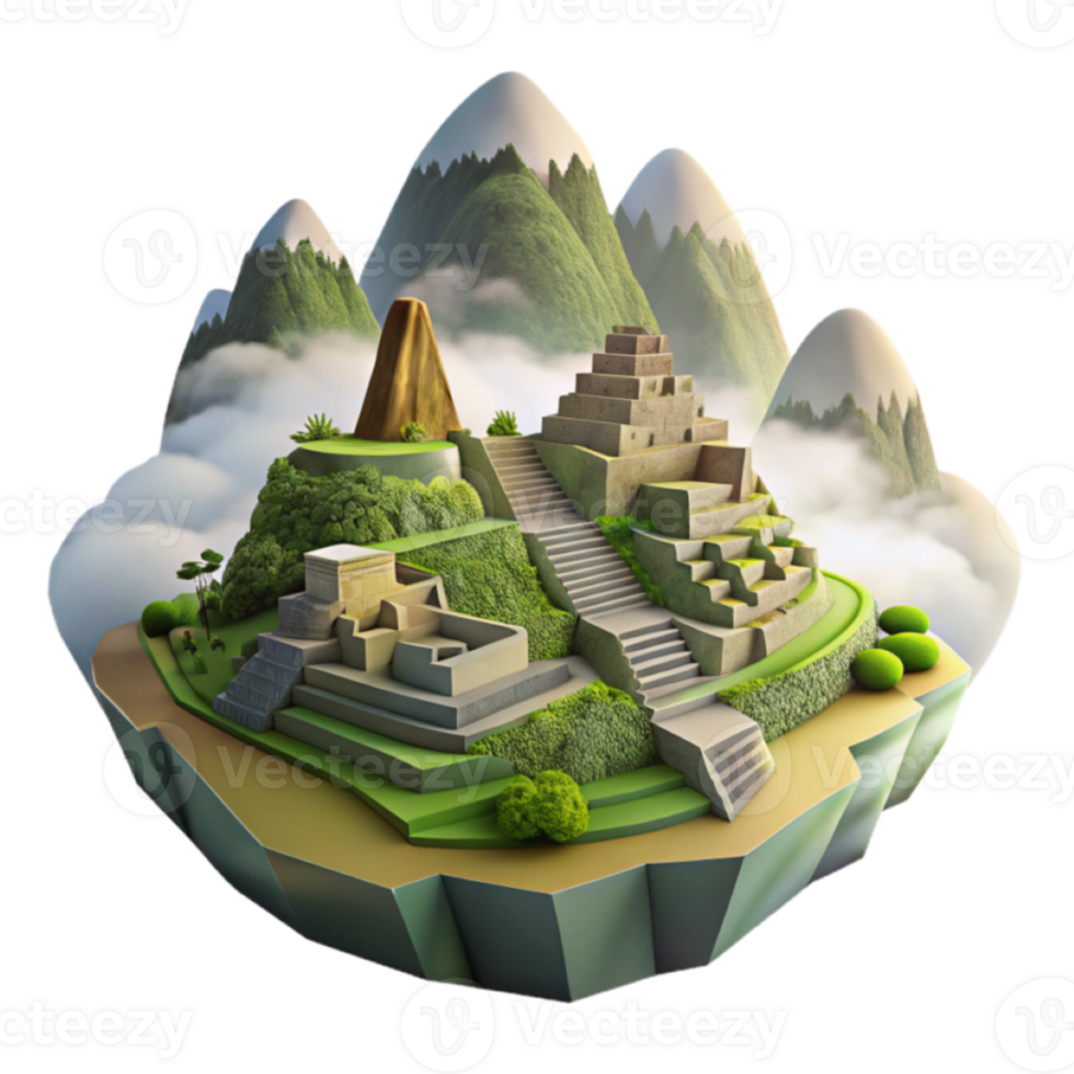 3D Illustration of Ancient Ruins in the Clouds, Mountaintop Temple, Stone Steps, Lush Greenery, Mystic Atmosphere png