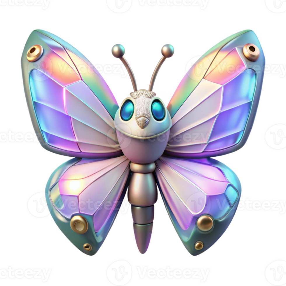 Iridescent Robot Butterfly A radiant butterfly crafted as a robot, its wings shimmering with iridescent colors in a digital world. png