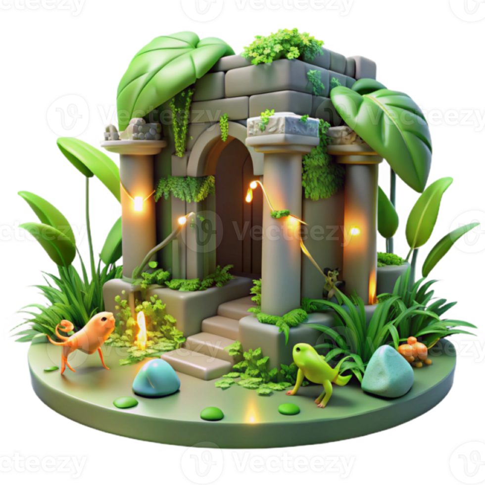 Enchanted 3D Render of a Lush Miniature Stone Temple with Fantasy Creatures png