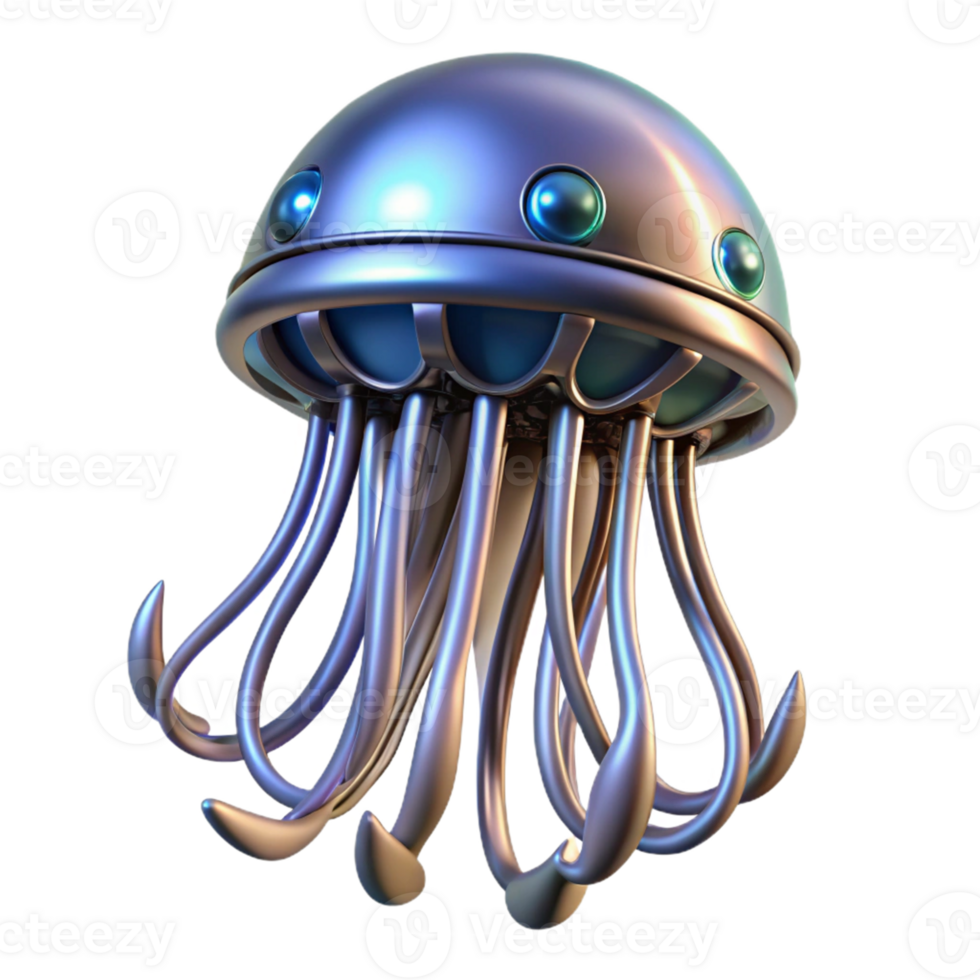 Metallic Jellyfish Robot Design in a Futuristic Three Dimensional Scene of Innovation png