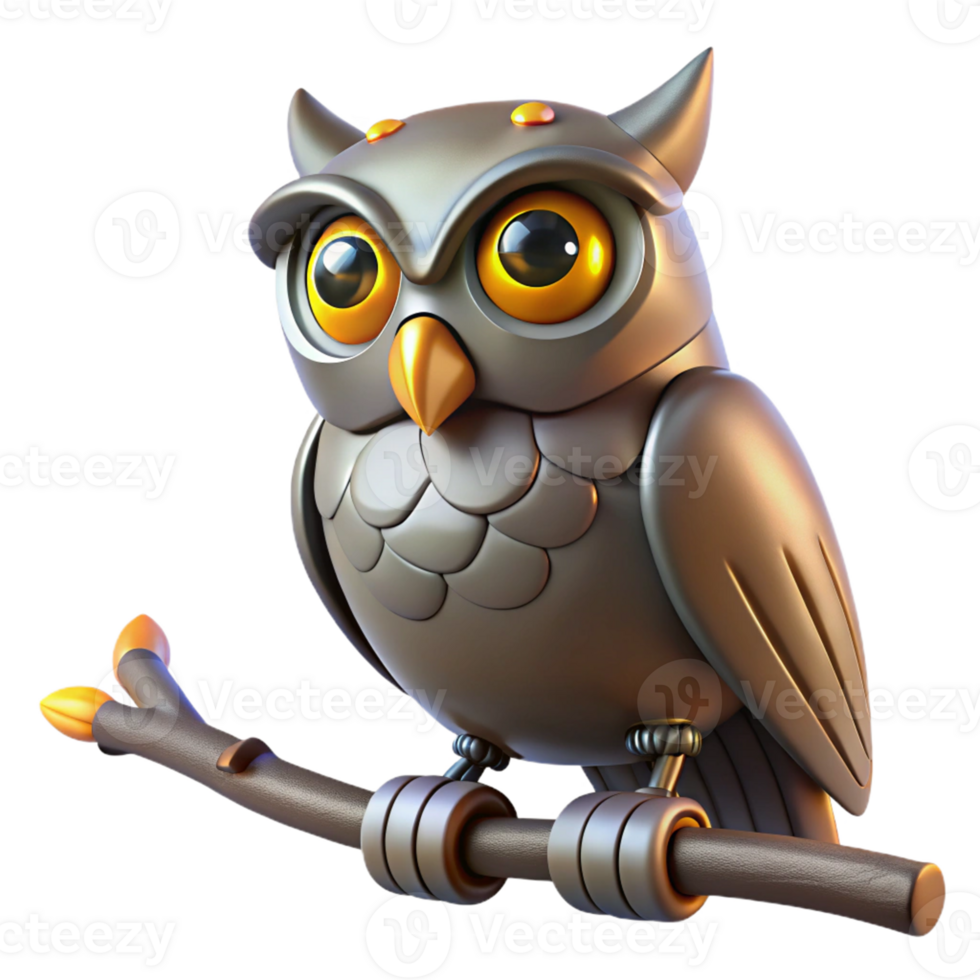 Metal Owl on Branch 3D Render A dynamic depiction of an owl perched on a branch, captured in a stunning three-dimensional render. png