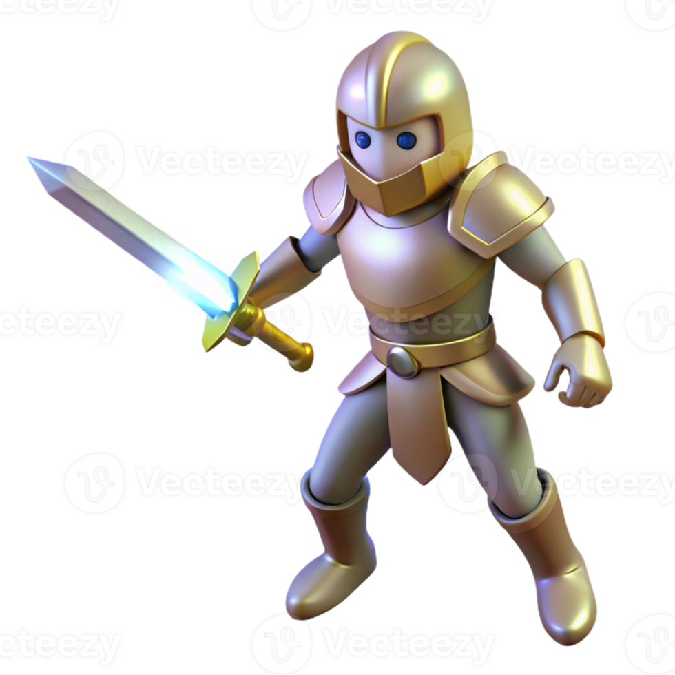 Golden Knight with Glowing Sword A majestic 3D render of a golden knight with a glowing sword, capturing his regal presence and intense power. png