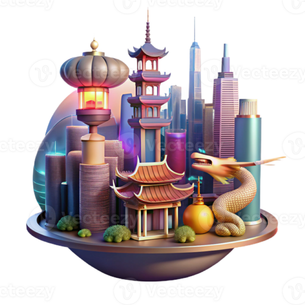 3D Illustration of Asian Cityscape with Dragon and Skyscrapers png