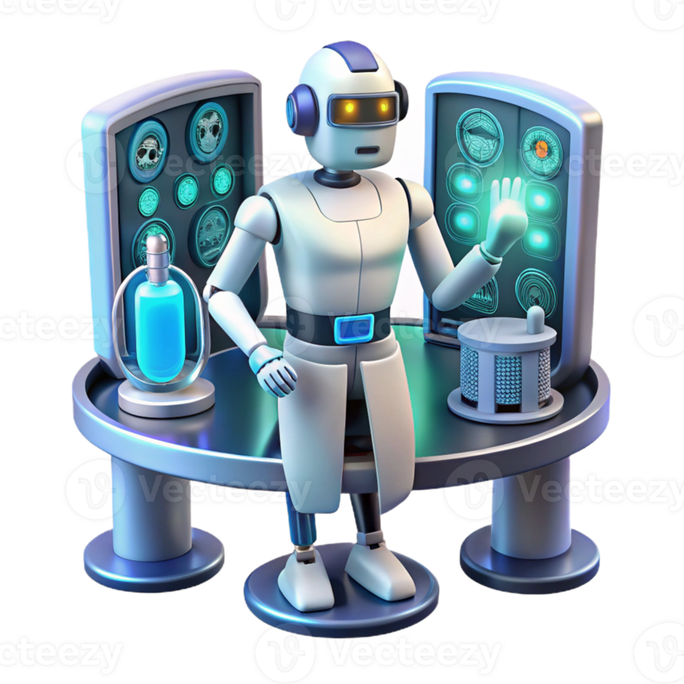 Robot Scientist in Lab in a Futuristic Three Dimensional Scene of Innovation png