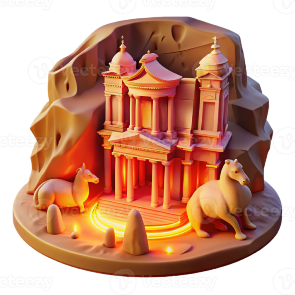 3D Render of Ancient Temple in Rock Formation with Animals png