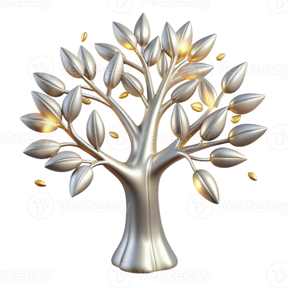 Silver Tree with Golden Leaves in a Radiant Three Dimensional Scene of Nature png