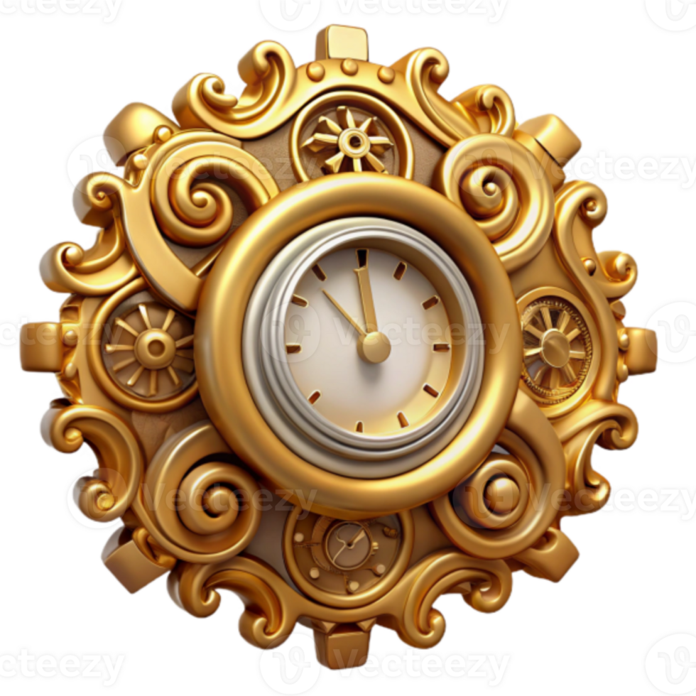 Ornate Gold Clock 3D Render, Intricate Gear Design, Luxury Timepiece Illustration png