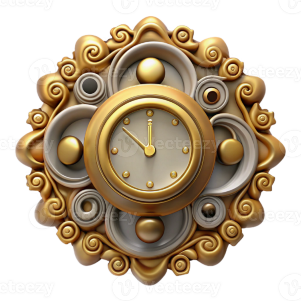 Ornate 3D Render of a Gold and Beige Clock with Intricate Design png
