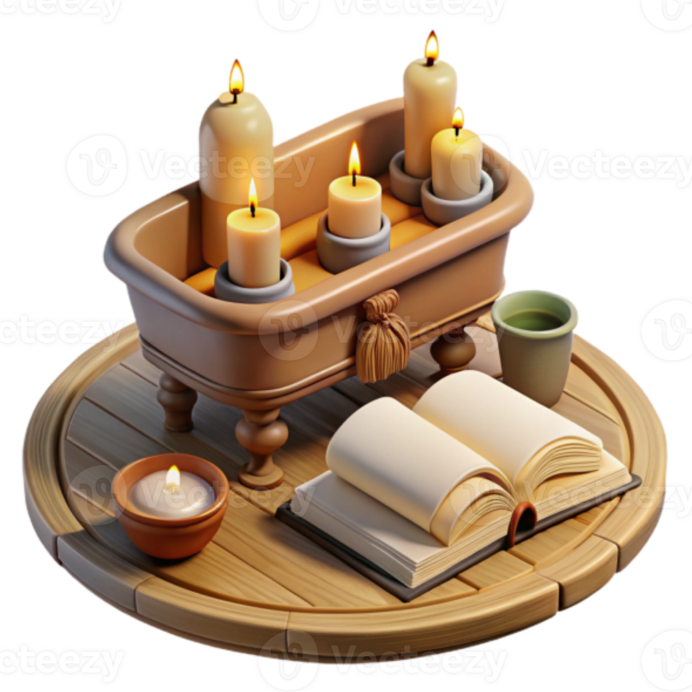 Serene 3D Render of Candles, Book, and Tea on Wooden Tray png