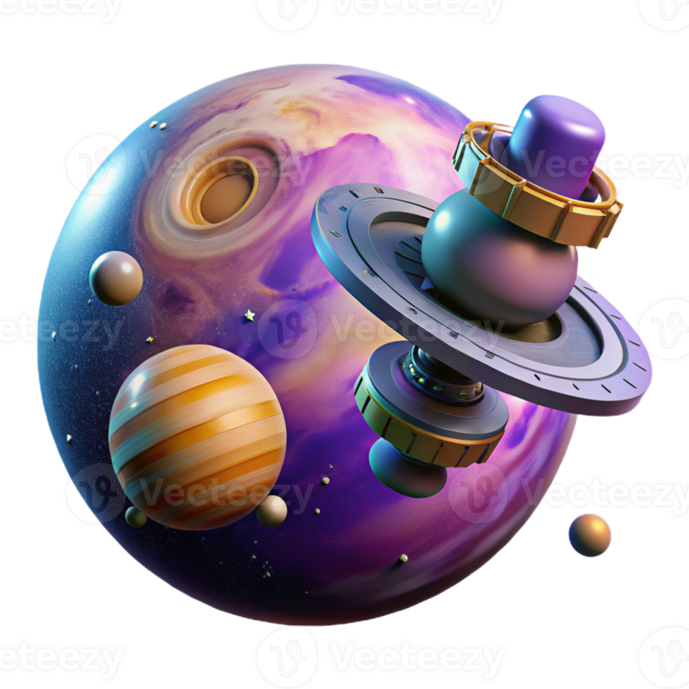 Cosmic Apparatus Orbits Planet A dynamic 3D render of a cosmic apparatus orbiting a planet, capturing the essence of space exploration and advanced technology. png